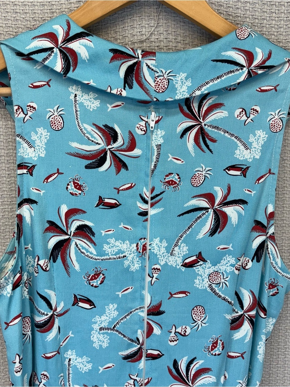 Vtg Bettie Page Hawaiian Fit & Flare Pin Up Blue Dress Sz 10 Retro Vacay Mini - Picture 10 of 13